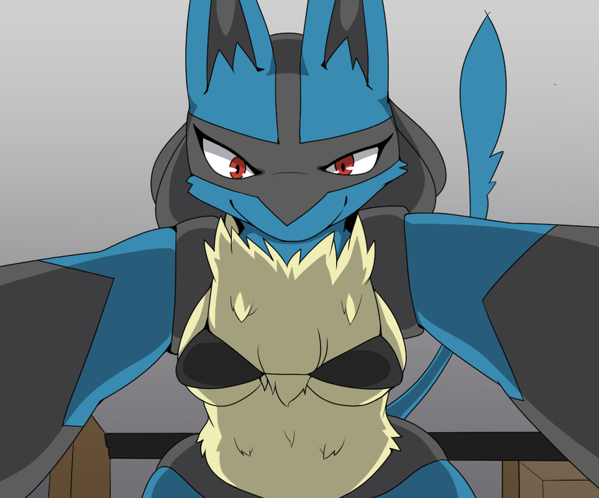 anthro blue_fur bra breasts canine chest_tuft clothing female female_on_top first_person_view fur looking_at_viewer lucario mammal nintendo on_top pinned pok&eacute;mon red_eyes restluck simple_background smile solo tuft underwear video_games