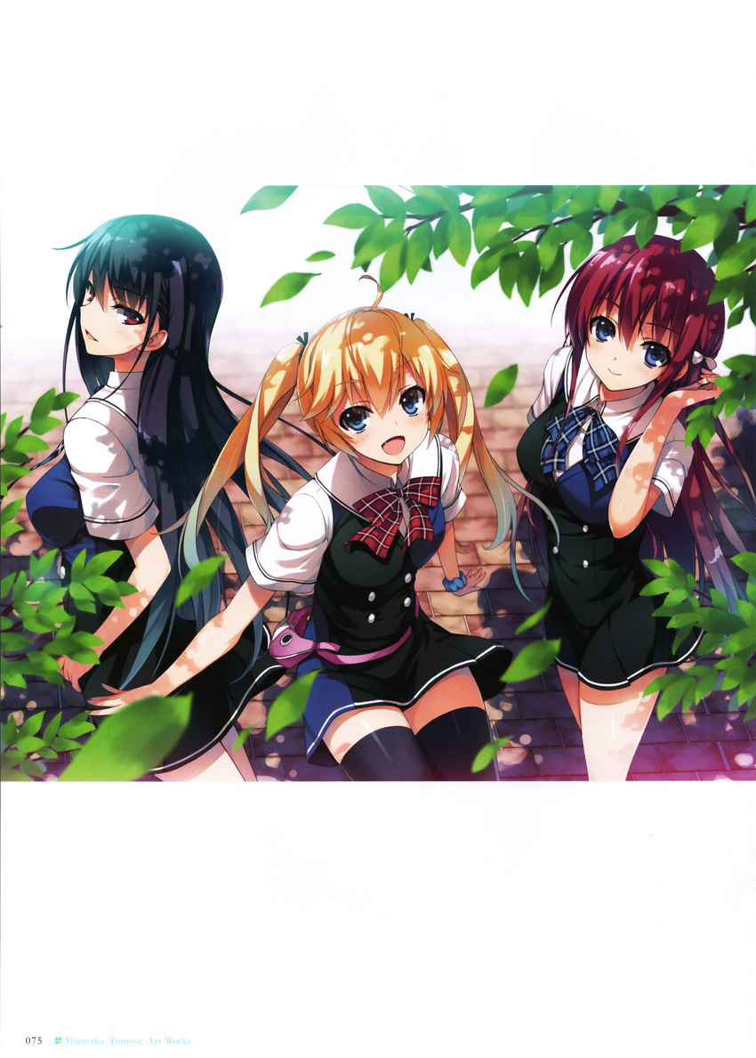 :d absurdres ahoge black_legwear blonde_hair blue_eyes bow breasts fang grisaia_(series) grisaia_no_kajitsu hair_ribbon highres lips long_hair looking_at_viewer looking_back looking_up matsushima_michiru medium_breasts multiple_girls open_mouth outdoors purple_eyes purple_hair red_eyes red_hair ribbon sakaki_yumiko scan school_uniform scrunchie shiny shiny_clothes shiny_hair short_sleeves smile suou_amane thighhighs tomose_shunsaku twintails wrist_scrunchie zettai_ryouiki