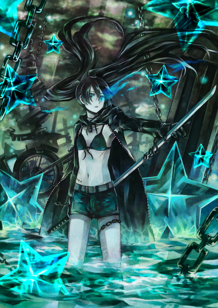 absurdres arm_behind_back belt black_bikini_top black_coat black_hair black_rock_shooter black_rock_shooter_(character) black_shorts blue_eyes burning_eye chain floating_hair front-tie_bikini front-tie_top hair_between_eyes hemisufia_hannnari highres holding holding_sword holding_weapon long_hair long_sword midriff navel open_mouth purple_eyes scar short_shorts shorts solo standing star stomach sword twintails unzipped wading weapon