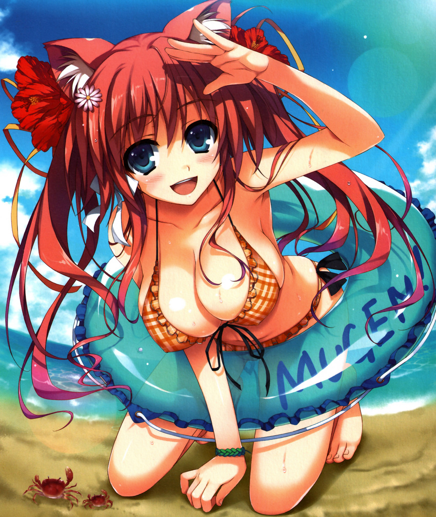:d absurdres animal_ears arm_support bangs bare_shoulders barefoot bikini blue_eyes blue_sky blush bracelet breasts cat_ears cleavage collarbone covered_nipples crab day eyebrows_visible_through_hair feet fisheye flower frilled_bikini frills front-tie_top hair_flower hair_ornament hairclip hibiscus highres innertube jewelry kneeling large_breasts long_hair looking_at_viewer open_mouth pink_hair plaid salute scan sky smile solo strap_gap swimsuit toes tomose_shunsaku twintails
