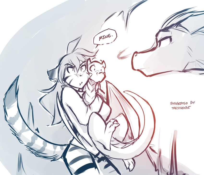 2017 angry annoyed anthro bottomless carrying clothed clothing dialogue digitigrade dragon ears_back english_text feline female feral feralized flora_(twokinds) fur group horn keidran larger_female male mammal membranous_wings monochrome partially_clothed simple_background size_difference sketch smaller_male striped_fur stripes text tiger tom_fischbach tongue tongue_out trace_legacy transformation twokinds webcomic white_background wings