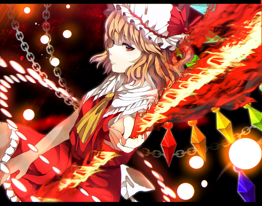 ascot bad_id bad_pixiv_id bangs black_background blonde_hair chain closed_mouth expressionless eyebrows_visible_through_hair fire flandre_scarlet hat hat_ribbon holding holding_sword holding_weapon laevatein mob_cap red_eyes red_ribbon red_skirt ribbon sameya skirt solo sword touhou vest weapon white_hat wings