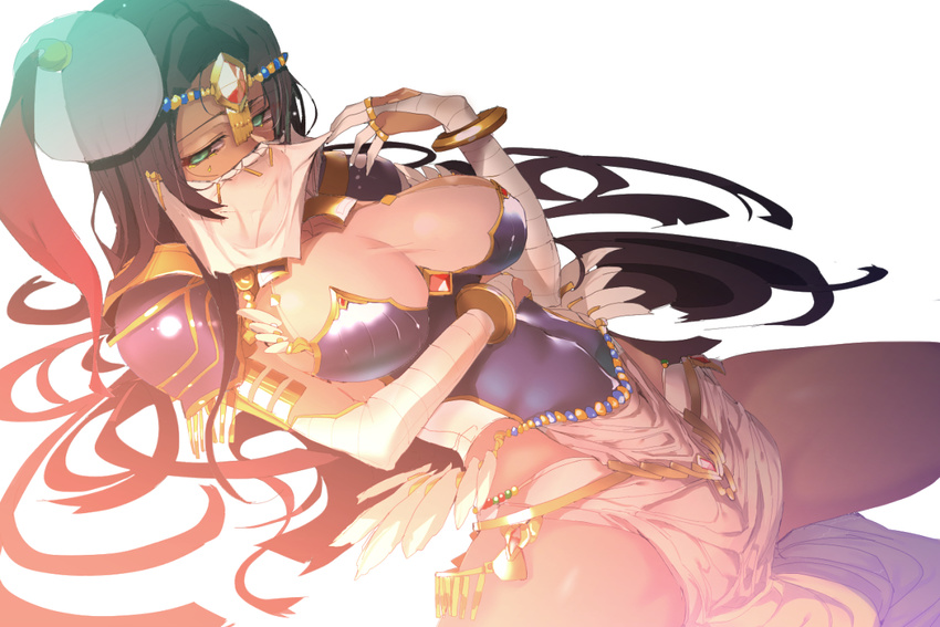 arm_wrap armor bangs black_hair bracelet breast_hold breasts breasts_apart bridal_gauntlets circlet cleavage covered_navel crotch dark_skin detached_collar eyeliner facepaint fate/grand_order fate_(series) forehead_jewel green_eyes hand_up hat jewelry large_breasts lighting long_hair looking_to_the_side lying makeup navel on_back osuman_toruko parted_bangs revealing_clothes ring scheherazade_(fate/grand_order) shoulder_armor simple_background solo spread_legs thighs veil veil_lift white_background