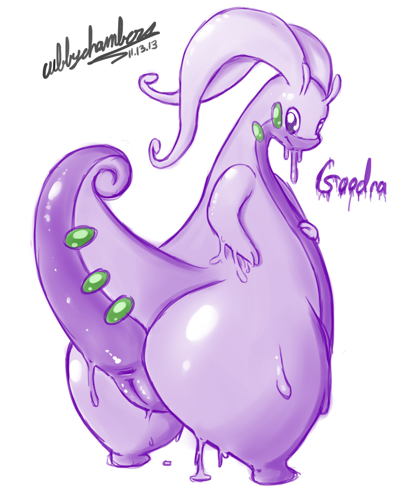 2013 anus cubby_chambers digital_media_(artwork) dragon female feral gastropod goodra hi_res looking_back nintendo pok&eacute;mon pussy raised_tail scalie slime solo video_games white_backgorund