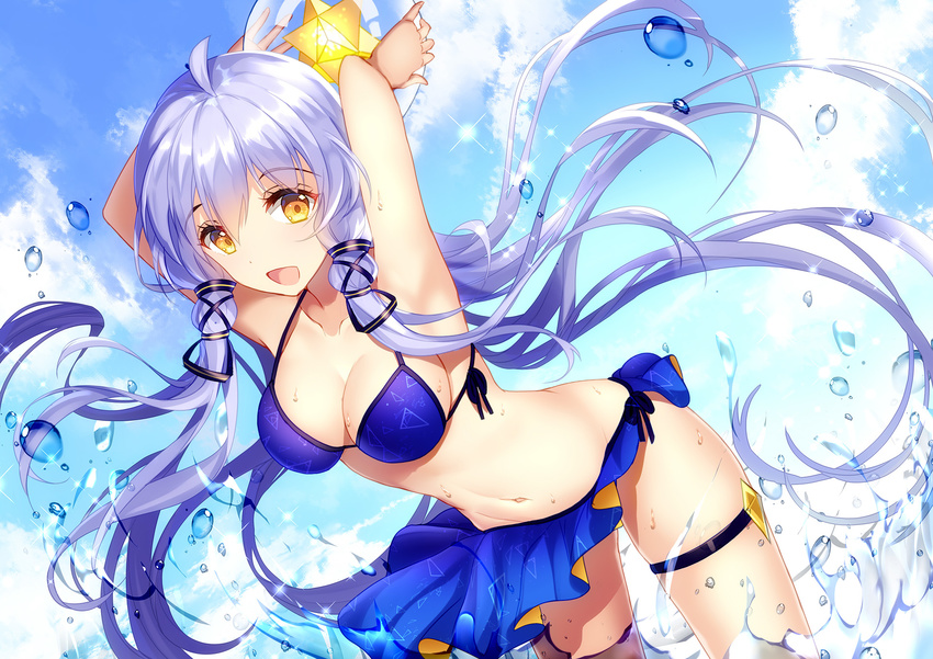 :d ahoge armpits arms_up bikini bison_cangshu black_ribbon blue_hair blue_sky breasts cleavage cloud cloudy_sky collarbone commentary day hair_ribbon halter_top halterneck highres leaning_forward medium_breasts navel open_mouth outdoors ribbon sarong side-tie_bikini sky smile solo sparkle swimsuit thigh_strap vocaloid water_drop xingchen yellow_eyes