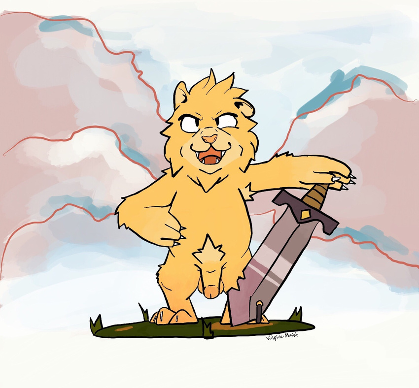 anthro balls claws cloud fangs feline grass hairy invalid_background invalid_tag lion lion_man looking_at_viewer male mammal melee_weapon nude open_mouth paws penis pubes sword vulpinemutt weapon wonder_boy wonder_boy:_the_dragon's_trap