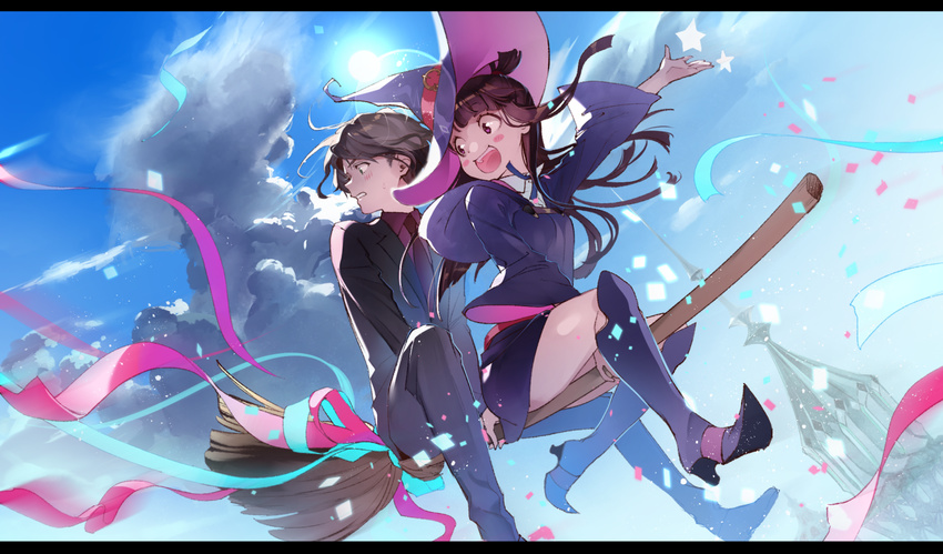 1girl andrew_hanbridge blush broom broom_riding brown_hair cloud formal g.g.lemon green_eyes hair_over_one_eye hat kagari_atsuko little_witch_academia long_hair multiple_riders open_mouth sky smile suit witch witch_hat