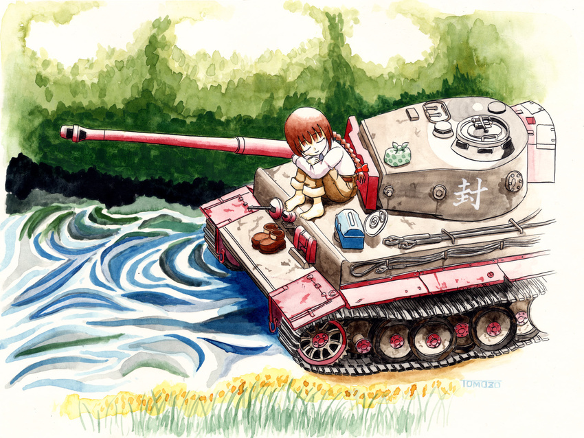 barefoot braid caterpillar_tracks closed_eyes flower ground_vehicle head_rest long_hair military military_vehicle motor_vehicle nib_pen_(medium) on_vehicle pants pants_rolled_up rika_(touhou) river signature single_braid sitting sleeping smile tank tiger_i tomozo8674 toolbox touhou touhou_(pc-98) traditional_media tree water watercolor_(medium)