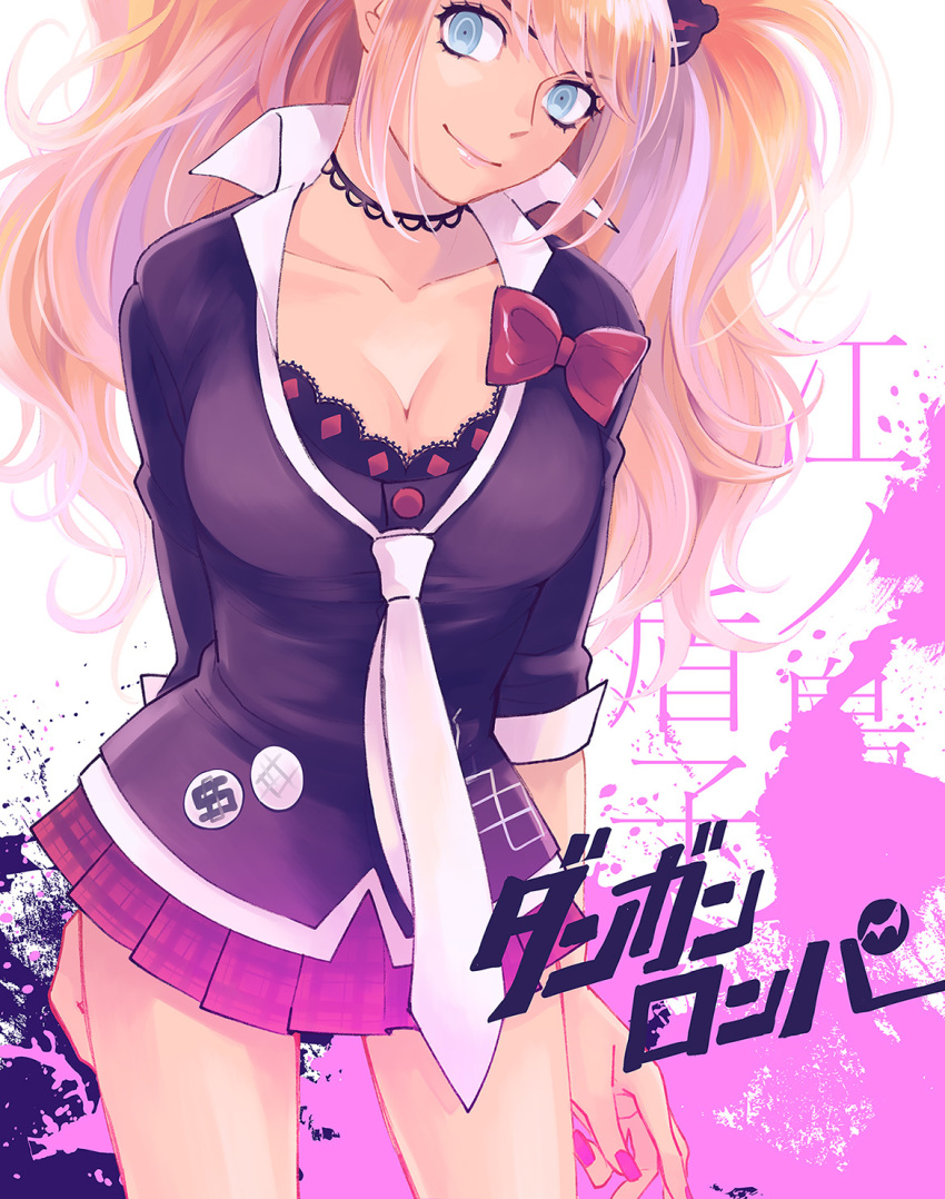 1girl bad_id bad_pixiv_id bear_hair_ornament black_shirt blonde_hair blue_eyes bra bra_peek breasts cleavage commentary_request danganronpa:_trigger_happy_havoc danganronpa_(series) enoshima_junko hair_ornament highres long_hair necktie photoshop_(medium) pleated_skirt red_skirt shirt skirt smile solo spoilers susu_bal underwear