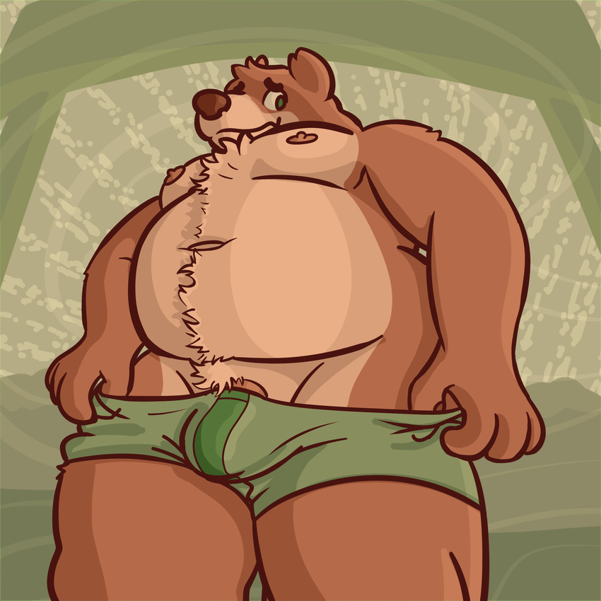 2017 anthro barely_visible_genitalia bear belly big_belly body_hair brown_fur brown_nose bulge chest_hair chest_tuft clothed clothing digital_media_(artwork) front_view fur green_clothing green_eyes half-erect happy_trail hi_res humanoid_penis lint_(pocketfuzz) low-angle_view male mammal moobs mostly_nude multicolored_fur navel nipples overweight overweight_male partially_clothed penis perspective pubes short_fur smile snout solo standing tan_fur thick_thighs topless tuft two_tone_fur underwear undressing worm's-eye_view