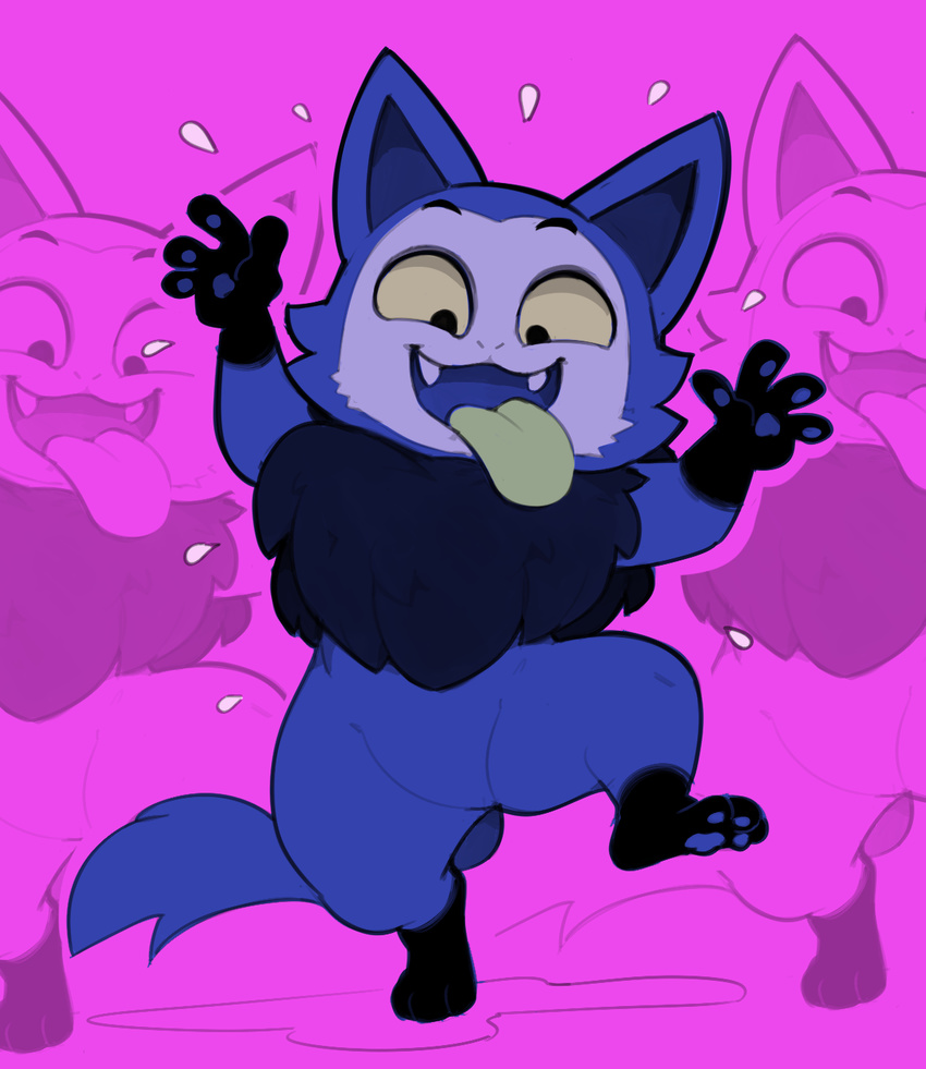 anthro blue_fur canine eerie_(telemonster) fangs fur male mammal mangneto open_mouth open_smile pink_background simple_background smile solo telemonster tongue tongue_out were werewolf