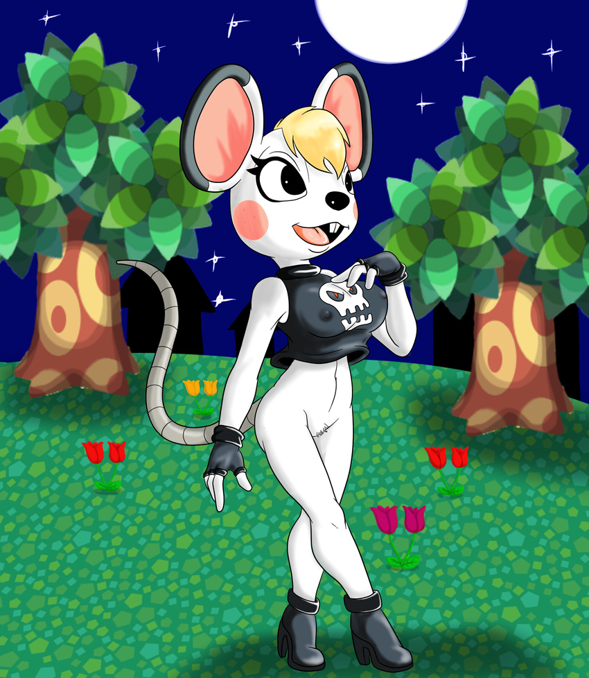 animal_crossing anthro bella_(animal_crossing) big_breasts bottomless breasts butt clothed clothing detailed_background digital_media_(artwork) female flower footwear full-length_portrait game_background gloves hi_res high_heels mammal mouse night nintendo nipples outside plant portrait pubes punk punk_girl rodent shoes sky slashysmiley solo star starry_sky tree video_games voluptuous