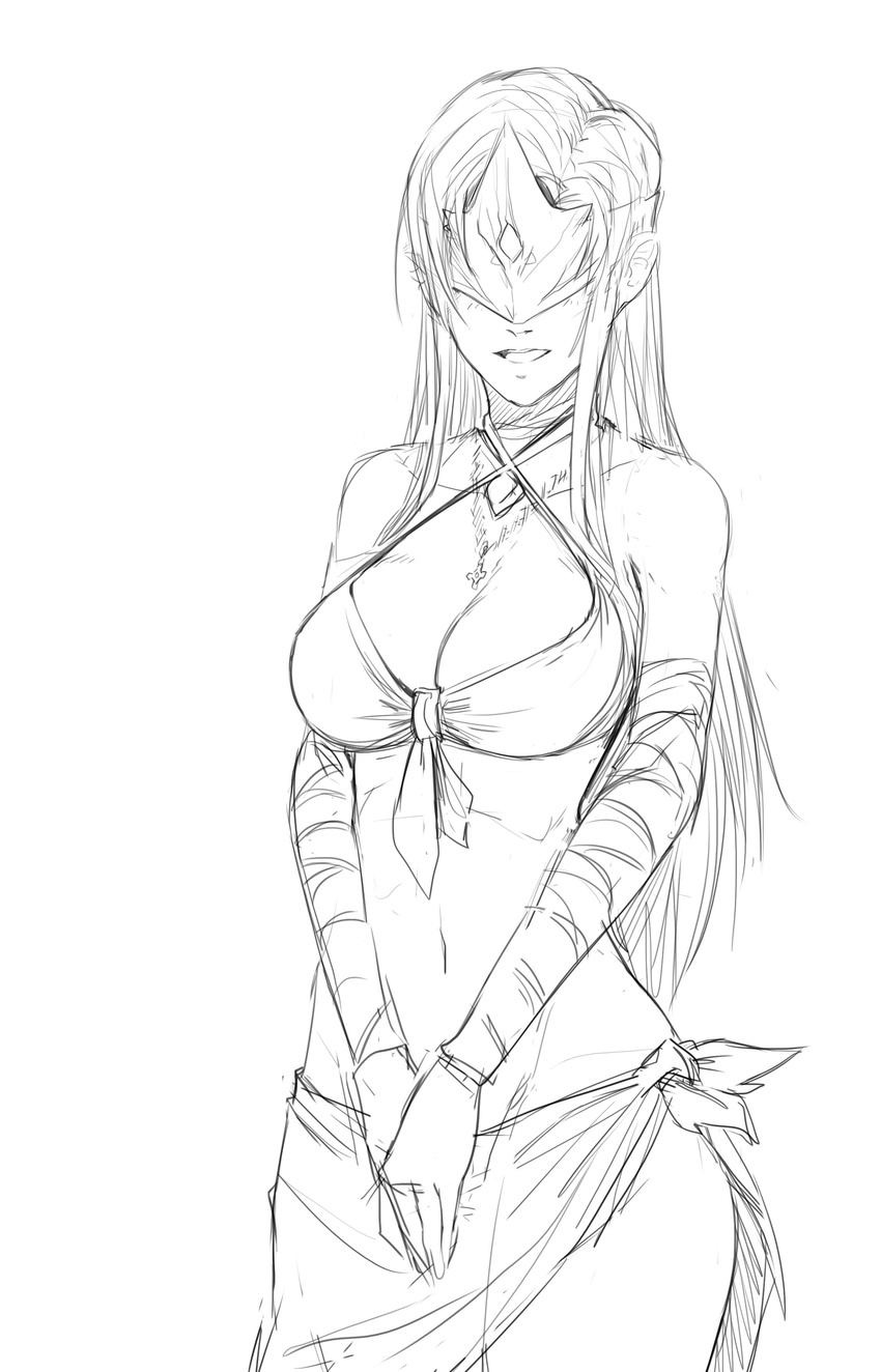 :d absurdres breasts covered_eyes cross cross_necklace dark_souls_iii fire_keeper greyscale hands_together highres jewelry large_breasts less long_hair looking_at_viewer mask monochrome necklace open_mouth panties side-tie_panties sketch smile souls_(from_software) underwear