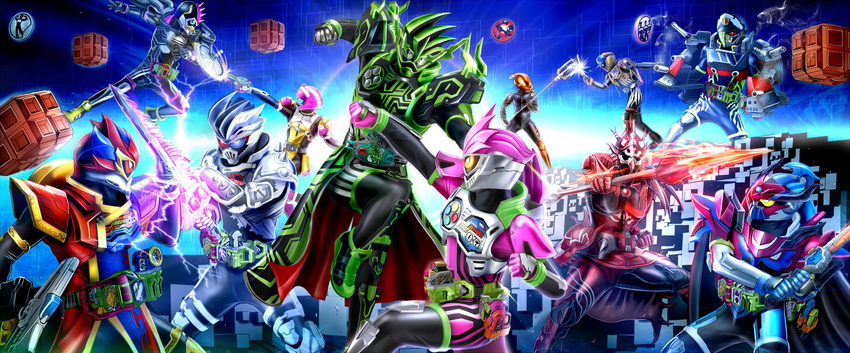 6+girls axe backpack bag bang_bang_simulations_level_50 blue_eyes cannon commentary dangerous_zombie_level_x dual_rider_gashat flat_cap graphite_bugster green_eyes hat highres kamen_rider kamen_rider_brave kamen_rider_cronus kamen_rider_ex-aid kamen_rider_ex-aid_(series) kamen_rider_genm kamen_rider_lazer kamen_rider_lazer_turbo kamen_rider_para-dx kamen_rider_poppy kamen_rider_snipe knockout_fighter_level_50 masukudo_(hamamoto_hikaru) maximum_mighty_x_level_99 multiple_girls perfect_knockout_gamer_level_99 perfect_puzzle_level_50 polearm red_eyes ride_player ride_player_nico rider_belt rider_gashat shakariki_sports_level_3 spear sword taddle_fantasy_level_50 trident turret weapon wheel yellow_eyes zombie_action_gamer_level_x-0 zombie_gamer_level_x