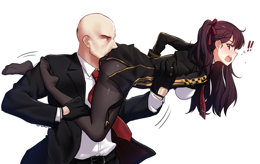 1boy 1girl agent_47 aiming bald black_dress black_gloves black_jacket black_legwear black_pants braid breasts collared_shirt commentary covering covering_crotch crossover dress embarrassed expressionless formal from_side girls_frontline gloves hair_ribbon hand_on_another's_stomach highres hitman_(game) jacket long_hair long_sleeves medium_breasts narynn necktie one_side_up open_mouth pants pantyhose purple_hair red_eyes red_neckwear red_ribbon ribbon shirt simple_background suit tears thighband_pantyhose too_literal twintails unconventional_gun wa2000_(girls_frontline) white_background white_shirt you're_doing_it_wrong