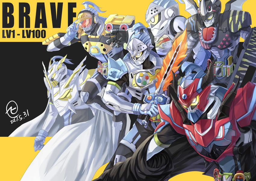 absurdres armor cape character_name commentary dated doremifa_beat_level_2 drago_knight_hunter_z_level_5 dual_rider_gashat helmet highres jiuri_jiuhao kamen_rider kamen_rider_brave kamen_rider_ex-aid_(series) multiple_boys multiple_persona rider_belt rider_gashat signature sword taddle_fantasy_level_50 taddle_legacy_level_100 taddle_quest_level_1 taddle_quest_level_2 weapon yellow_eyes