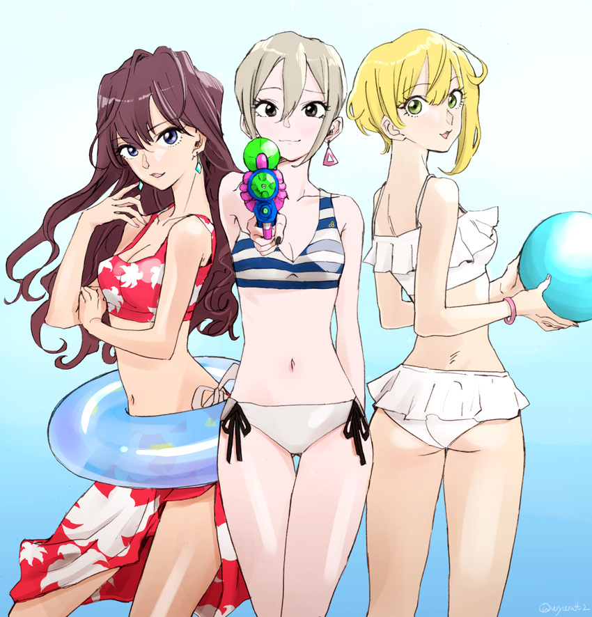 :3 ass ball beachball bikini blonde_hair blue_background blue_bikini_top blue_eyes blue_innertube bracelet brown_eyes brown_hair commentary_request drop_earrings earrings eyelashes finger_to_mouth gradient gradient_background green_eyes grey_hair highres holding holding_ball ichinose_shiki idolmaster idolmaster_cinderella_girls innertube jewelry legs long_hair looking_at_viewer mismatched_bikini miyamoto_frederica multiple_girls navel pointing_weapon sarong shiomi_shuuko short_hair_with_long_locks side-tie_bikini swimsuit twitter_username watanukin_(etson122127) water_gun white_bikini_bottom