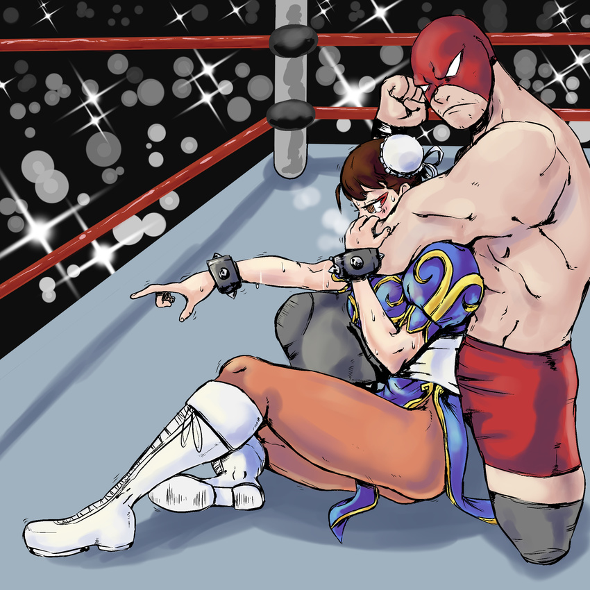 1boy 1girl asphyxiation bangs bare_shoulders battle beaten blush boots brown_hair bun_cover capcom china_dress chinese_clothes chokehold chun-li crying defeated double_bun dress female fighting ghost13 holding mask muscle pain pantyhose restrained ryona sleeper_hold street_fighter submission sweat tears thighs trembling wrestler wrestling wrestling_outfit