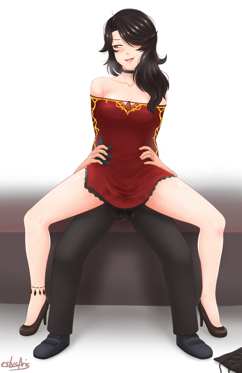 1girl black_hair blush brown_eyes choker cinder_fall clothed_sex cslucaris cum dress girl_on_top hair_over_one_eye hands_on_another's_hips hetero high_heels highres implied_sex open_clothes open_dress open_mouth pussy_juice red_dress reverse_cowgirl_position rwby saliva sex short_dress sitting sitting_on_lap sitting_on_person solo_focus stealth_sex straddling torso_grab