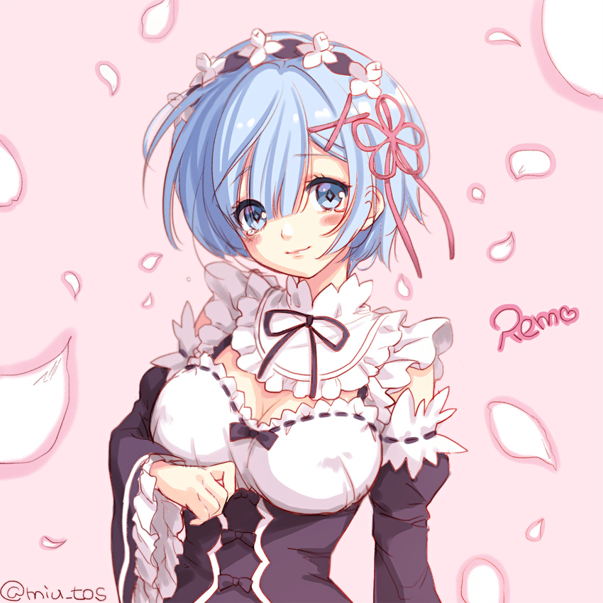 blue_eyes blue_hair blush breasts cleavage eyebrows_visible_through_hair hair_ornament large_breasts looking_at_viewer maid_headdress mii@chiffonx re:zero_kara_hajimeru_isekai_seikatsu rem_(re:zero) short_hair smile solo upper_body x_hair_ornament