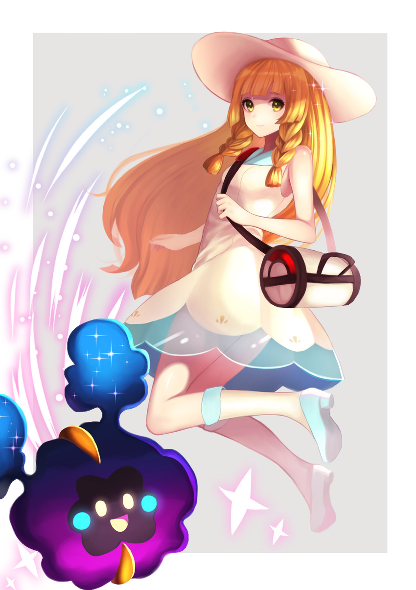 1girl akai_akato bag bare_shoulders blonde_hair blush border braid breasts cosmog dress full_body green_eyes grey_background hat highres jumping kneehighs lillie_(pokemon) long_hair looking_at_viewer open_mouth pokemon pokemon_(creature) pokemon_(game) pokemon_sm see-through shoes simple_background sleeveless sleeveless_dress small_breasts smile socks sun_hat twin_braids white_border white_dress white_hat white_shoes white_socks yellow_eyes