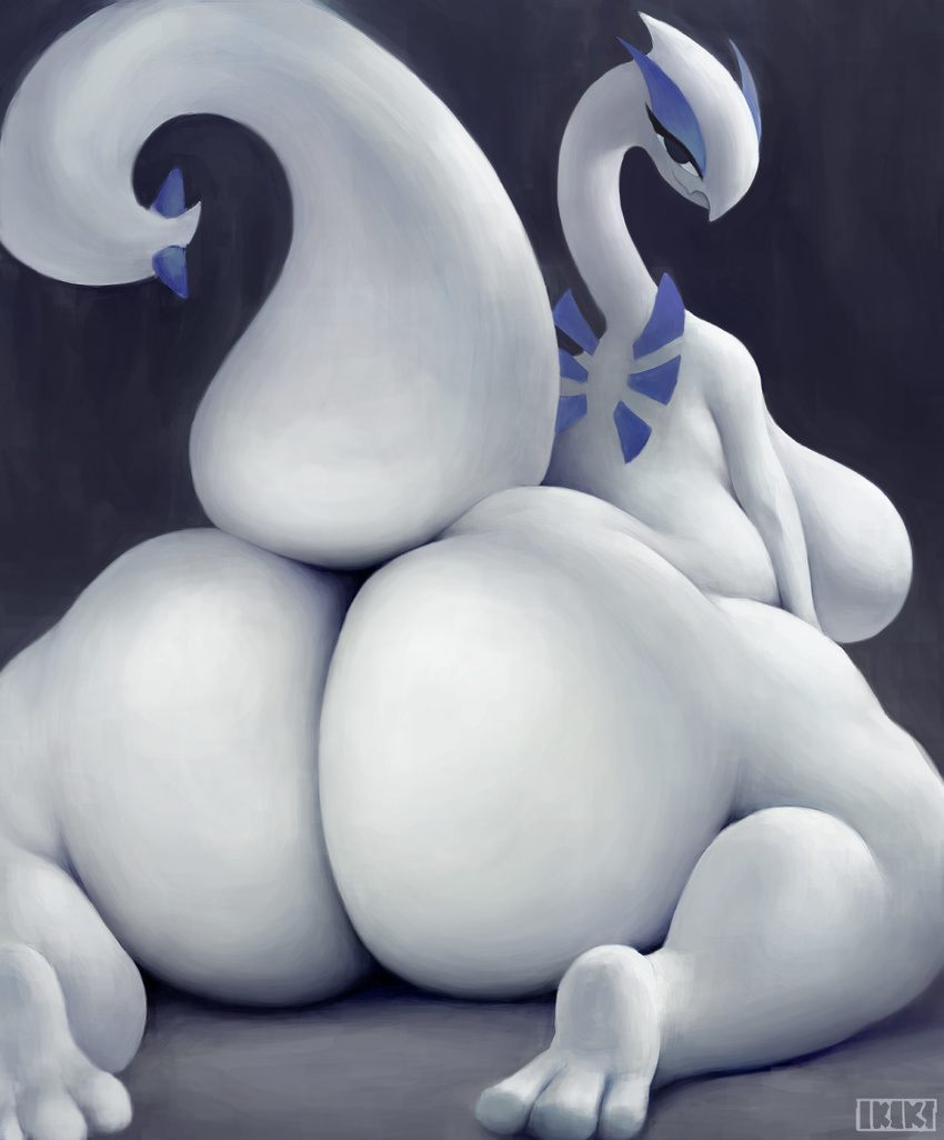 2017 anthro big_breasts big_butt breasts butt digital_media_(artwork) female ikiki legendary_pok&eacute;mon looking_at_viewer lugia nintendo nude overweight pok&eacute;mon pok&eacute;morph presenting presenting_hindquarters simple_background slightly_chubby solo video_games voluptuous wide_hips