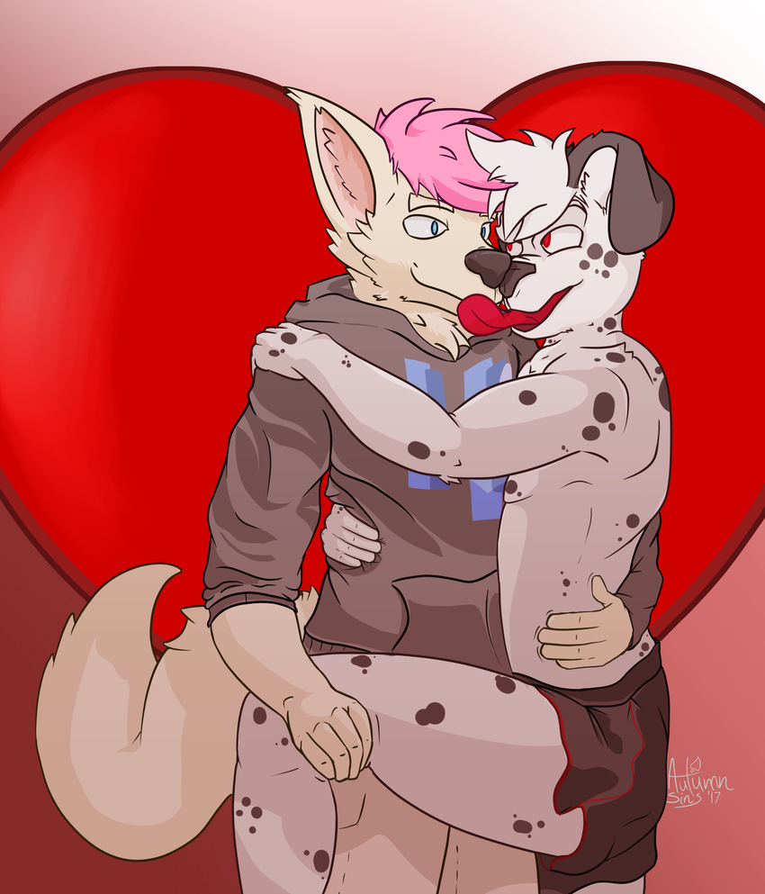 2017 anthro anthro_on_anthro autumn_sins beige_ears black_ears black_nose blue_eyes canine cel_shading clothed clothing dalmatian dog fur hair hand_on_leg hoodie leafyii licking male male/male mammal neck_tuft pants pink_hair red_background red_eyes simple_background smile spots standing tan_fur tongue tongue_out topless tuft white_fur white_hair wolf