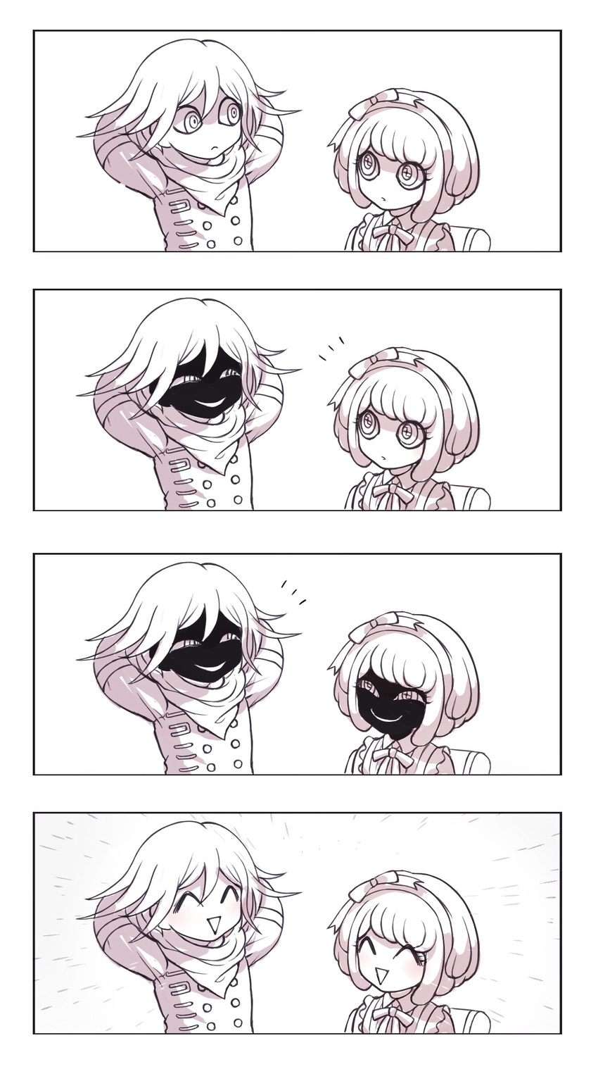 1girl 4koma ^_^ absurdres closed_eyes comic danganronpa doraraemon hairband highres monaka_(danganronpa) new_danganronpa_v3 ouma_kokichi shaded_face silent_comic smile straitjacket trait_connection zettai_zetsubou_shoujo