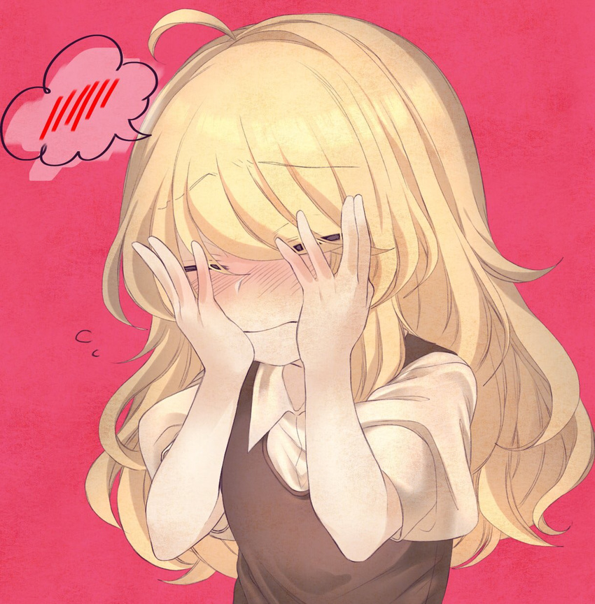 ahoge blonde_hair blush closed_eyes collared_shirt commentary embarrassed flying_sweatdrops highres iiha_toobu kirisame_marisa long_hair no_hat no_headwear shirt solo spoken_blush touhou vest