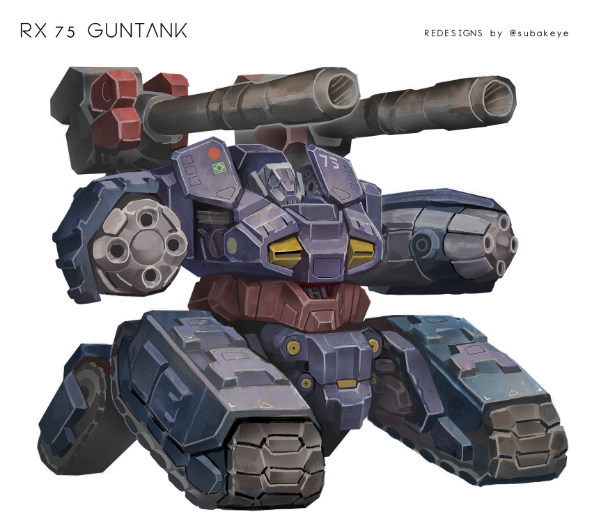 absurdres artist_name caterpillar_tracks character_name commentary earth_federation gatling_gun gundam guntank highres mecha mecha_focus mobile_suit mobile_suit_gundam no_humans original redesign robot science_fiction shoulder_cannon simple_background subakeye twitter_username white_background