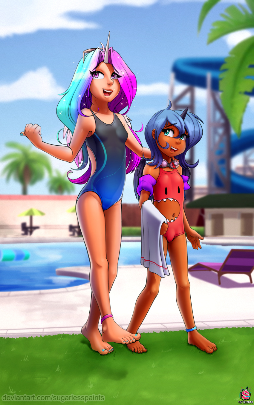 2018 camel_toe clothing cloud darkhazard detailed_background digital_media_(artwork) duo feet female friendship_is_magic hair hi_res horn humanoid long_hair multicolored_hair my_little_pony navel one-piece_swimsuit open_mouth outside poolside princess_celestia_(mlp) princess_luna_(mlp) swimsuit towel wings young
