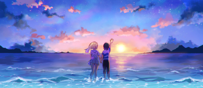 1boy 1girl black_hair blonde_hair cloud couple feet_in_water hand_holding hat hoodie lillie_(pokemon) male_protagonist_(pokemon_sm) pokemon pokemon_(game) pokemon_sm ponytail sea skirt sky striped_shirt sun sunset tagme you_(pokemon_sm)