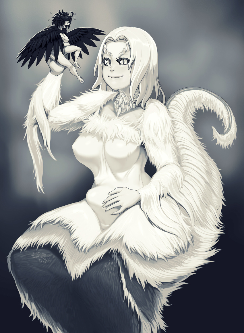 abdominal_bulge avian bird black_feathers black_hair breasts clothed clothing dark_souls feathers female fur hair harpy hi_res humanoid imminent_vore modeseven monochrome nipples priscilla_(dark_souls) restrained scales smile unknown_species video_games vore white_fur white_hair