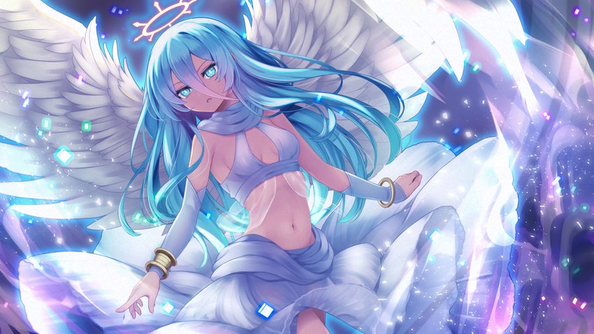 :o angel_wings aqua_eyes aqua_hair arm_warmers bangs bracelet breasts glowing halo highres jewelry long_hair looking_at_viewer midriff navel original scarf see-through small_breasts solo spread_wings stomach white_feathers white_wings wings yatsuki_yura