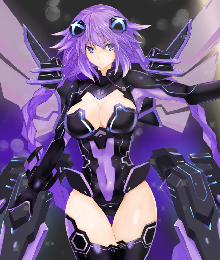 1girl absurdres blue_eyes braid breasts cleavage cleavage_cutout commentary_request covered_navel cowboy_shot hair_between_eyes hair_ornament highres hips large_breasts leotard long_hair looking_at_viewer mechanical_wings neptune_(series) outstretched_arm power_symbol purple_hair purple_heart serious shishin_(shishintei) skin_tight solo symbol-shaped_pupils thigh_gap thighhighs thighs twin_braids twintails very_long_hair wings