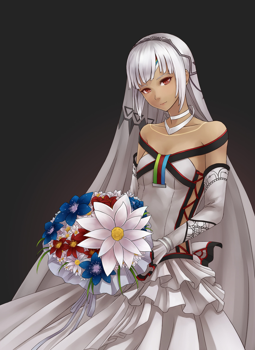 1girl altera_(fate) bare_shoulders black_background black_nails bouquet bridal_veil bride dark_skin dress fate/extella fate/extra fate/grand_order fate_(series) flower frilled_dress frills full_body_tattoo head_tilt highres hoodier jewelry looking_at_viewer nail_polish necklace red_eyes short_hair solo tattoo veil wedding_dress white_dress white_hair