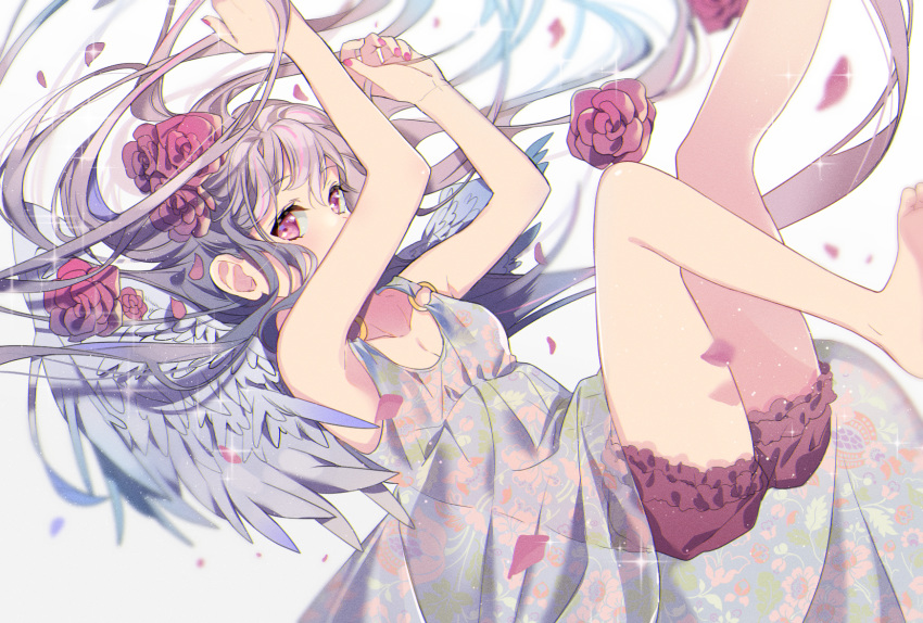 1girl angel_wings armpits arms_up bangs bare_arms bare_legs bare_shoulders barefoot bloomers blush breasts cleavage collarbone commentary_request dress floating_hair flower glint grey_hair highres legs_up long_hair looking_at_viewer nail_polish omutatsu original petals pink_eyes pink_flower pink_nails rose see-through sidelocks simple_background small_breasts solo thighs underwear very_long_hair white_background white_dress wings