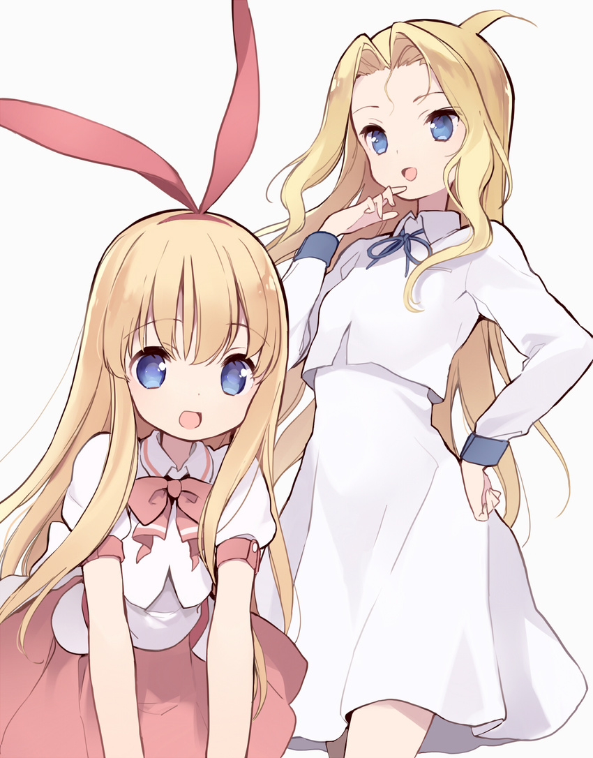 amae_koromo bangs blonde_hair blue_eyes bow dress eyebrows_visible_through_hair hair_bow hairband highres itsumi_(itumiyuo) leaning_forward long_hair long_sleeves looking_at_viewer multiple_girls open_mouth pink_skirt puffy_short_sleeves puffy_sleeves red_bow ryuumonbuchi_touka saki short_sleeves sidelocks simple_background skirt smile tareme white_background white_dress