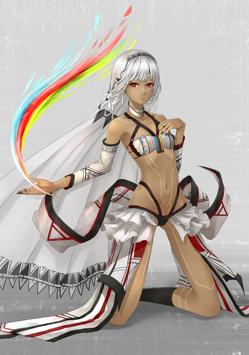 1girl altera_(fate) bangs bare_shoulders black_nails collarbone dark_skin detached_sleeves fate/extella fate/extra fate_(series) full_body full_body_tattoo highres hoodier jewelry kneeling looking_at_viewer nail_polish navel necklace photon_ray red_eyes revealing_clothes short_hair solo tattoo veil white_hair wind