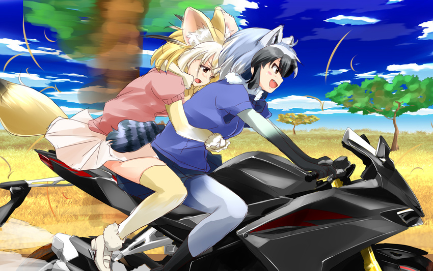 animal_ears black_hair blonde_hair blue_sky blush cloud commentary_request common_raccoon_(kemono_friends) day fang fennec_(kemono_friends) fox_ears fox_tail gradient_hair ground_vehicle highres hug hug_from_behind kemono_friends motor_vehicle motorcycle multicolored_hair multiple_girls multiple_riders open_mouth pantyhose pink_sweater pleated_skirt puffy_short_sleeves puffy_sleeves raccoon_ears raccoon_tail riding savannah short_hair short_sleeve_sweater short_sleeves skirt sky smile suzuki-shi sweater tail thighhighs tree two-tone_hair white_hair