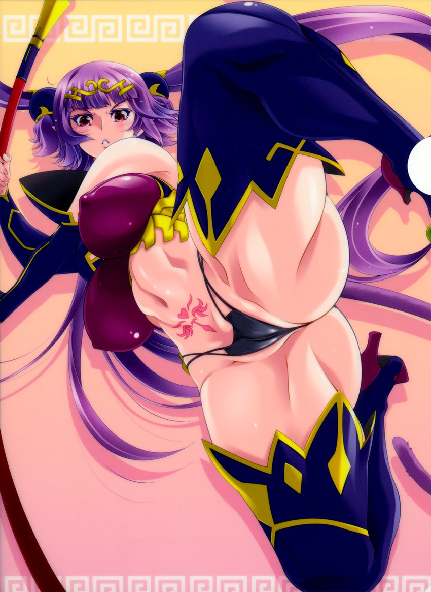 1girl aoi_nagisa_(artist) aoi_nagisa_(metalder) bare_shoulders boots breasts bridal_gauntlets female high_heel_boots high_heels highres huge_breasts impossible_clothes jewelry long_hair long_legs looking_at_viewer navel nipples partially_visible_vulva pointy_ears pubic_tattoo purple_hair queen's_blade queen's_blade_grimoire red_eyes seiten_(queen's_blade) shiny shiny_clothes shiny_skin simple_background solo staff tail tattoo thighs thong tiara