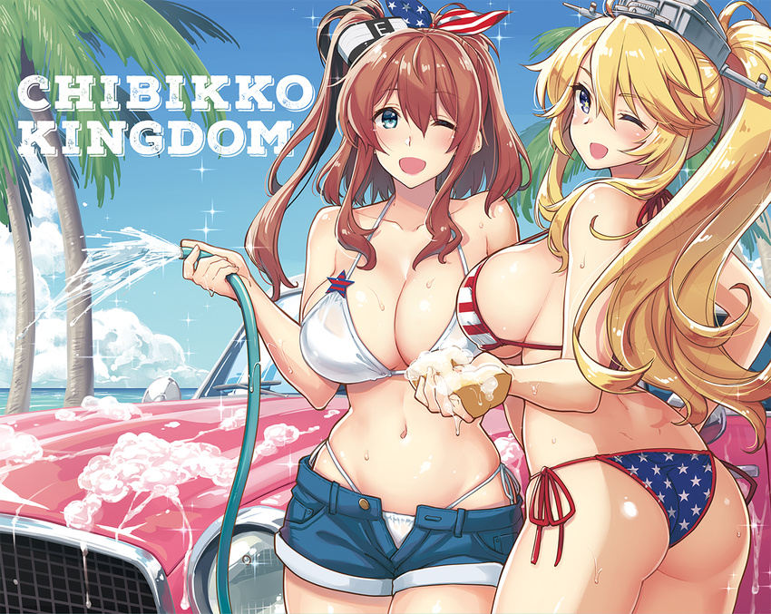 ;d alternate_hairstyle american_flag american_flag_bikini american_flag_print ass bikini blonde_hair blue_eyes blue_sky breasts brown_hair car car_wash cleavage collarbone cowboy_shot day flag_print ground_vehicle hat hose huge_breasts iowa_(kantai_collection) kantai_collection kekocha looking_at_viewer looking_back mini_hat mismatched_bikini motor_vehicle multiple_girls navel one_eye_closed one_side_up open_fly open_mouth palm_tree ponytail saratoga_(kantai_collection) short_shorts shorts sideboob sidelocks sky smile sparkle star stomach strap_gap sweat swimsuit tree white_bikini