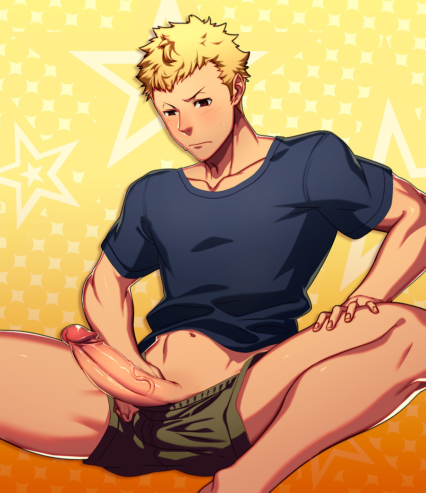 1boy blonde_hair blush erection lvlv male_focus muscle penis persona persona_5 sakamoto_ryuuji sitting solo sweat underwear undressing
