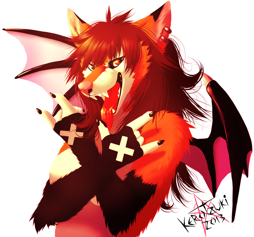 2013 5_fingers anthro brown_eyes canine ear_piercing fox hybrid kero_tzuki mammal membranous_wings open_mouth piercing pink_nose red_tongue smile teeth tongue wings