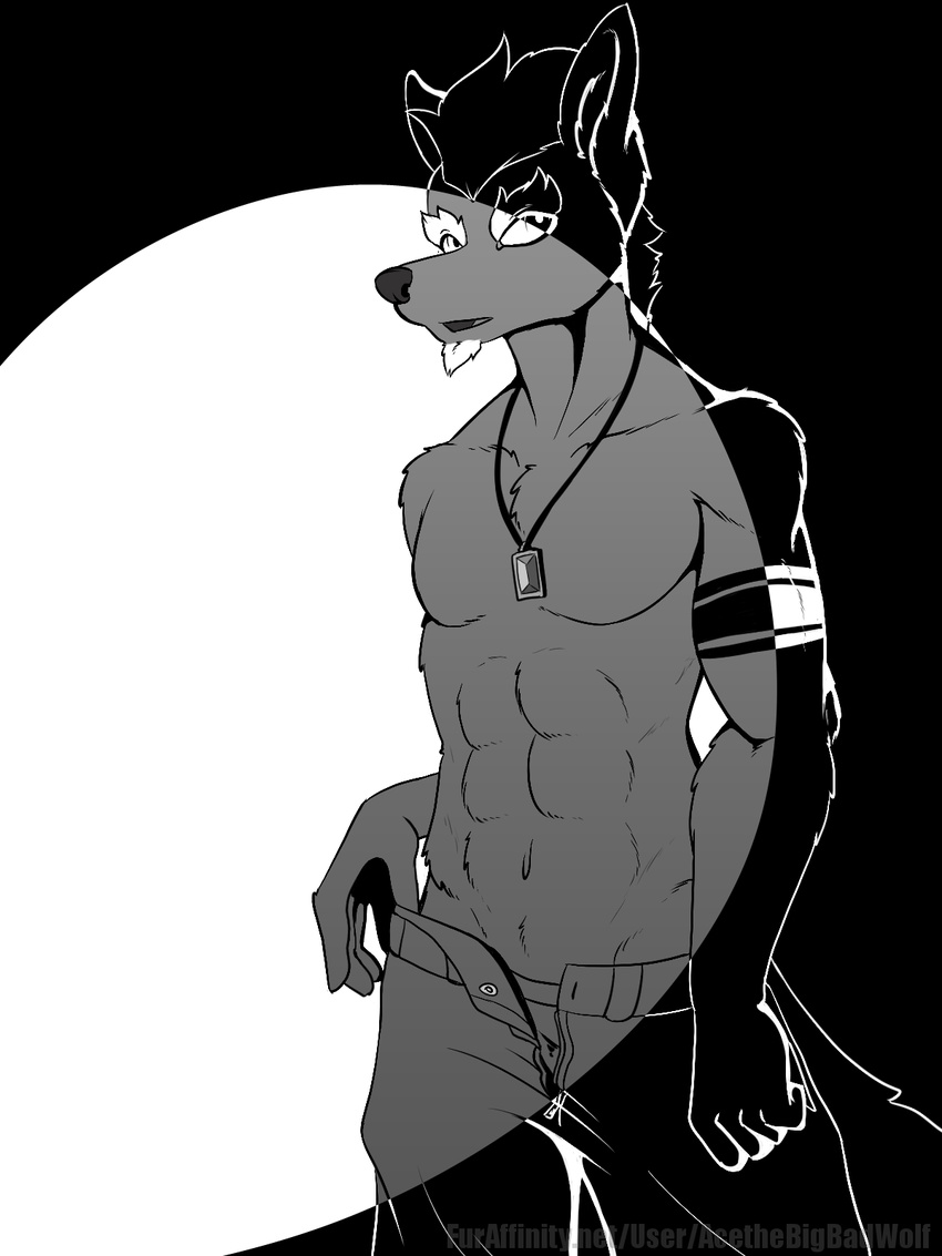 abs ace_(acethebigbadwolf) acethebigbadwolf canine clothed clothing colorless digital_media_(artwork) inverted_color jewelry male mammal necklace spotlight topless wolf zipper