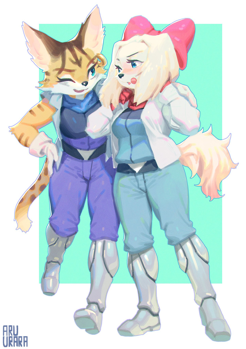 2girls artist_request boots dog fay_spaniel furry lynx_(species) miyu_lynx multiple_girls star_fox star_fox_2