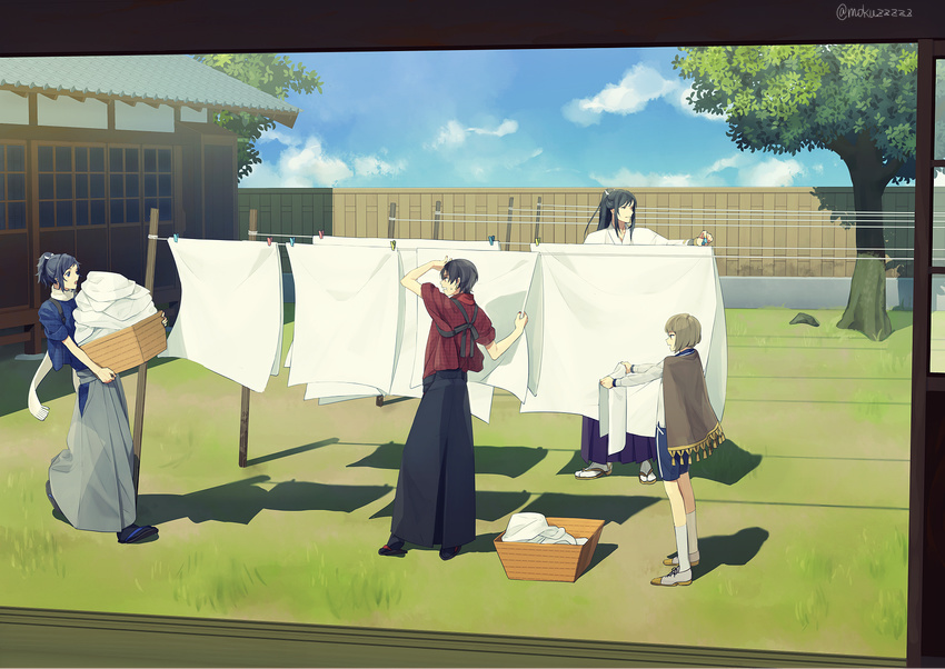 architecture basket black_hair blue_eyes blue_sky brown_eyes brown_hair cape carrying clothesline day east_asian_architecture hakama highres japanese_clothes kashuu_kiyomitsu laundry laundry_basket maeda_toushirou male_focus mokuzu_(mokuzzzzz) multiple_boys open_mouth ponytail red_eyes sandals scarf sky sliding_doors tabi tarou_tachi touken_ranbu yamato-no-kami_yasusada yellow_eyes