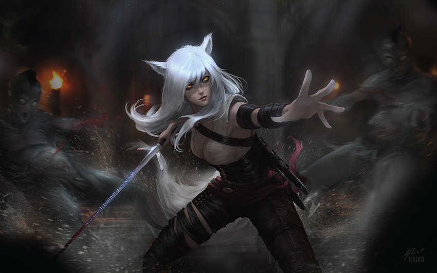 ahri animal_ears bad_source breasts cleavage corset crossover fighting_stance fox_ears fox_tail large_breasts league_of_legends long_hair monster raikoart solo_focus sword tail the_elder_scrolls the_elder_scrolls_v:_skyrim the_witcher weapon whisker_markings white_hair yellow_eyes