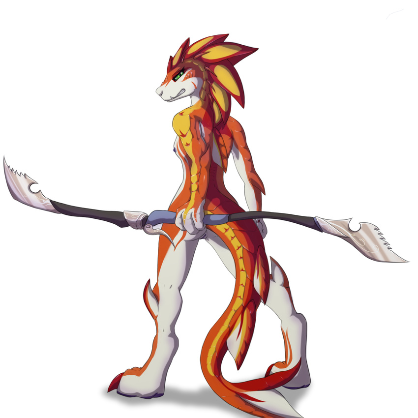 2017 alpha_channel anthro athletic breasts claws digitigrade fangs female green_eyes leyanor melee_weapon nipples nude orange_scales polearm pose pussy rear_view red_scales reptile scales scalie simple_background slit_pupils small_breasts solo toe_claws toothy_grin transparent_background weapon white_scales