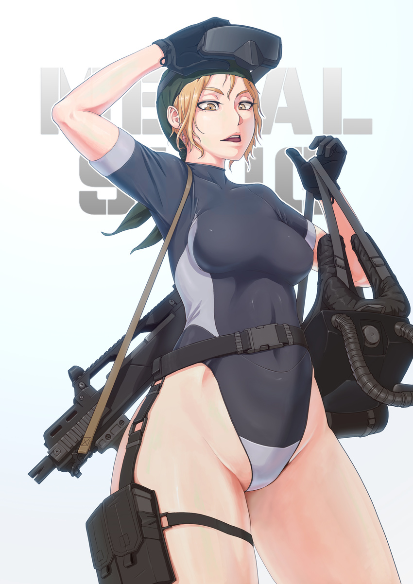 absurdres assault_rifle blonde_hair copyright_name diving_mask diving_suit earrings g36c gloves gun highres holster jewelry kasamoto_eri leotard metal_slug one-piece_swimsuit open_mouth oxygen_tank ranger_(mll0101) rifle sling swimsuit thigh_holster weapon yellow_eyes